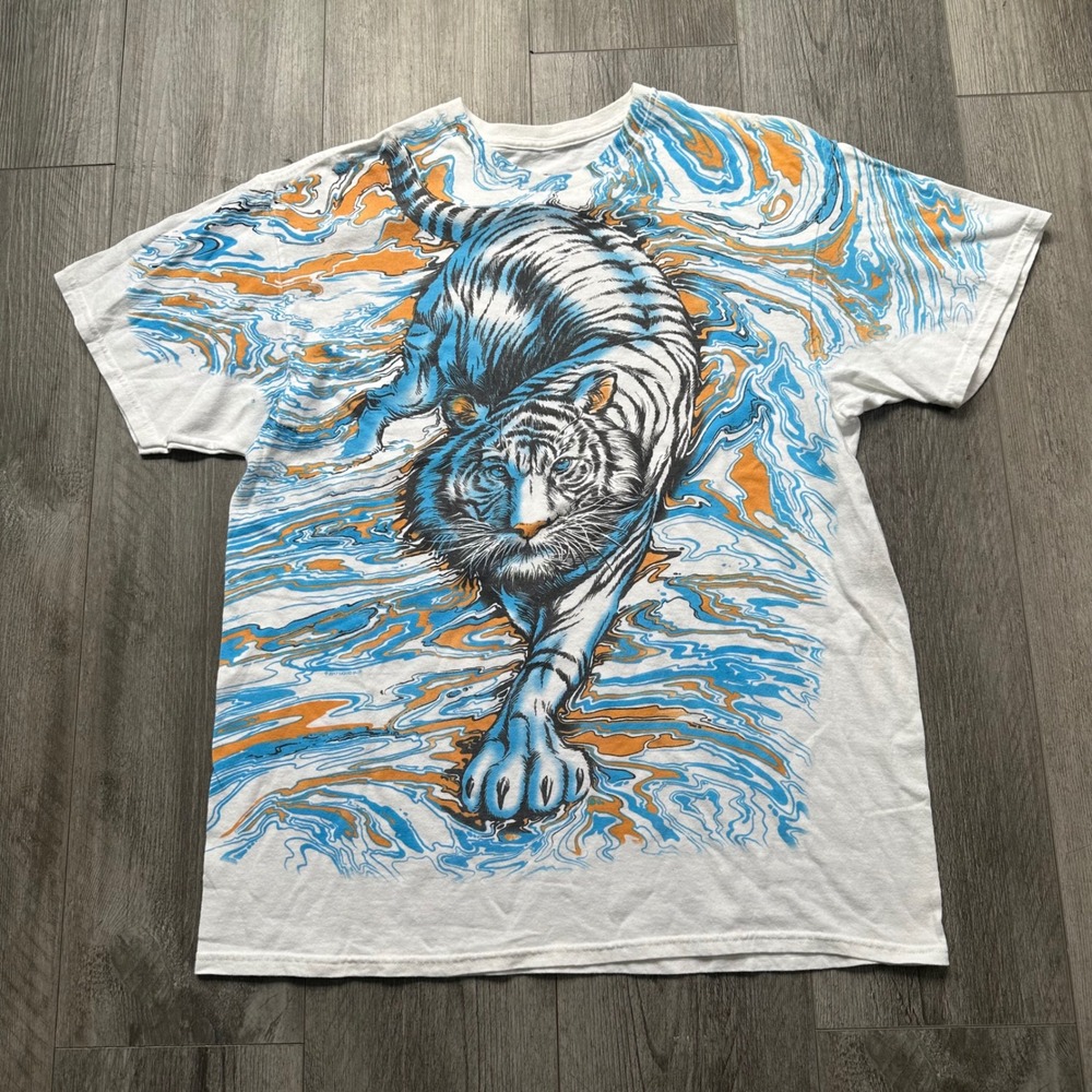 AOP Y2K Liquid Blue White Tiger Blue Orange Wave Graphic T-Shirt Mens Large